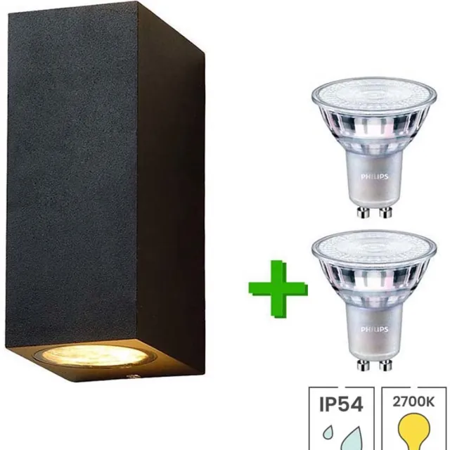 Lybardo Buitenlamp - Wandlamp Buiten + 2 Philips LED Spots - 3.5W - Warmwit Licht Zwart