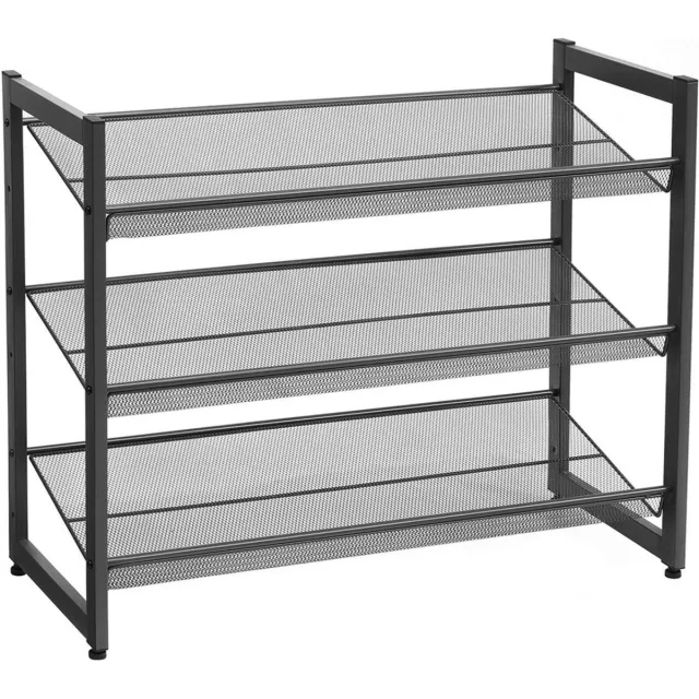 Metal Metalen Schoenenrek, met 3 Niveaus, Meshrek, Verstelbare Legplank, Plat of Schuine Planken, Stapelbaar Opbergrek, 74 x 62,8 x 30,7 cm, Zwart