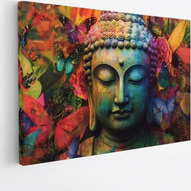Saammp Canvas Schilderij - Boeddha met vlinders - Abstract - 90x60 - Foto op canvas - Wanddecoratie - Muurdecoratie Woonkamer - Canvas schilderijen Multicolor