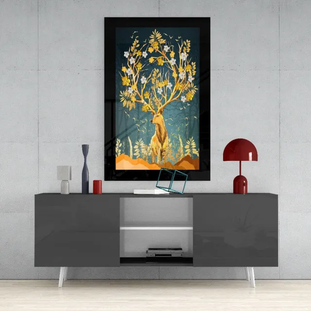 Insigne Art Glasschilderij – Gouden Hert – Karaktervolle Wandkunst Meerkleurig