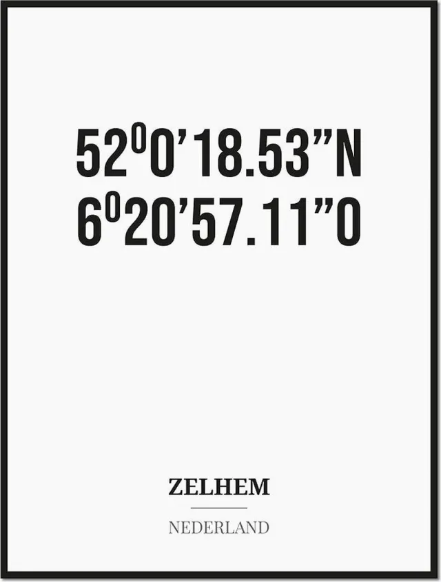 Studio216 Poster/kaart ZELHEM met coördinaten zwart, wit