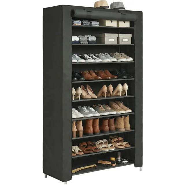 Songmics Schoenenrek - Schoenenrek met 10 Lagen - Met Stofhoes - Metalen Frame - Voor High Heels Zwart