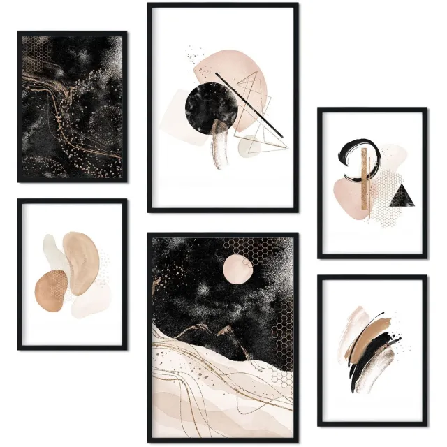 Ibenzoa Set van 6 Poster voor Moderne Interieurdecoratie in Abstracte Stijl, Formaten A3 en A4, Zonder Lijst zwart