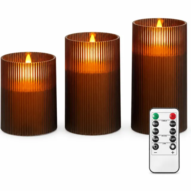 SWGOTA led kaarsen, 3 stuks met afstandsbediening, grijs geribbeld, diameter 8 cm, hoogtes 10/12,5/15 cm, voor verjaardag en bruiloft