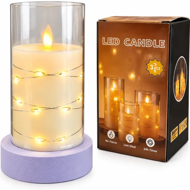 SWGOTA led kaarsen met bewegende vlam: 7,5 x 15 cm, vlakke bovenrand en lichtsnoer, op batterijen, zonder batterijen Ivoor