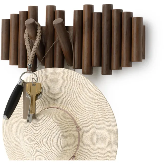 Famanu Wandkapstok met 5 haken van gerijpt walnoothout, ideaal voor het ophangen van jassen en accessoires Naturel