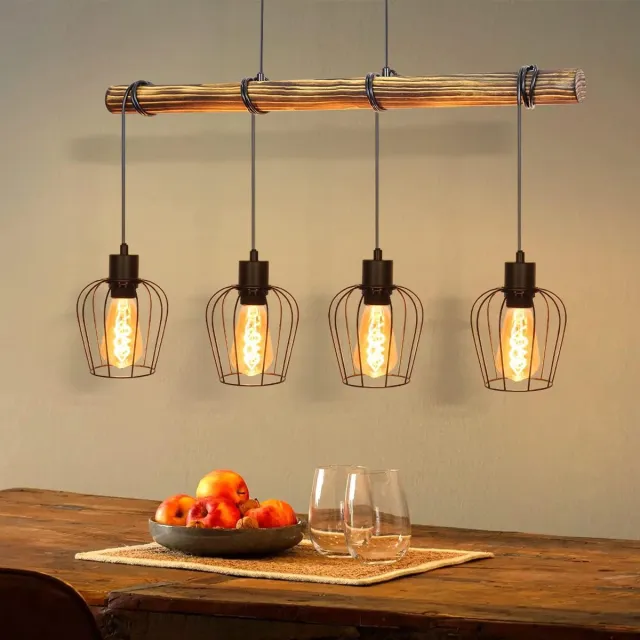Glitzerlife Hanglampen - Vintage Industrieel - 4xE27 Hanglamp - Hoogte Verstelbaar - Hout en Zwart Staal - Ø26cm Holzbalk 80cm - Zwart - Hanglampen Eetkamer Woonkamer