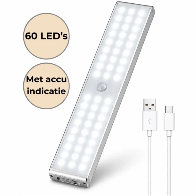 AXIMO Kastverlichting met Bewegingssensor – USB oplaadbaar en Accu indicatie - 60 LED Cool White - Keukenverlichting onderbouw - Instelbare sterkte - Draadloos Koud Wit
