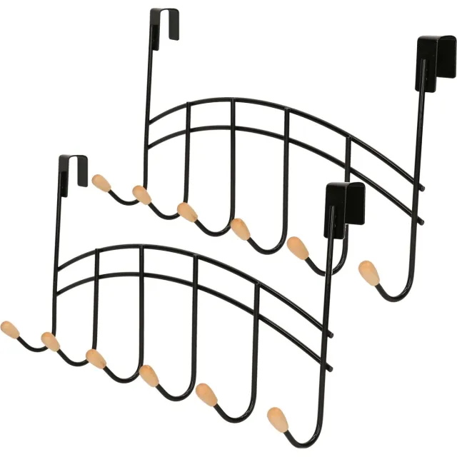 Zeller Deur kapstok - 2x - zwart - 6 haken - 41 cm - kastdeur kapstok - metaal/hout