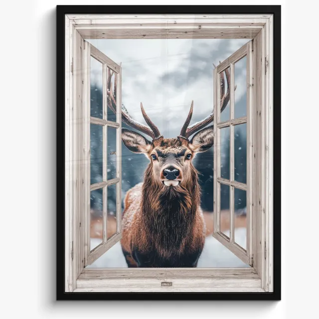 FrameYourWall Poster in lijst - Fotolijst 50x70 cm - Posters - Hert - Dieren - Landschap - Winter - Sneeuw - Doorkijk - Natuur - Posterlijst zwart - Decoratie - Wanddecoratie woonkamer - Muurdecoratie slaapkamer