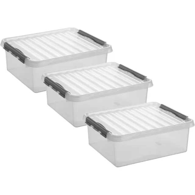 Sunware 3x stuks sunware q-line opberg box/opbergdoos - 25 liter - 50 x 40 x 18 cm - kunststof - opslagbox - transparant/zilver Lichtgrijs
