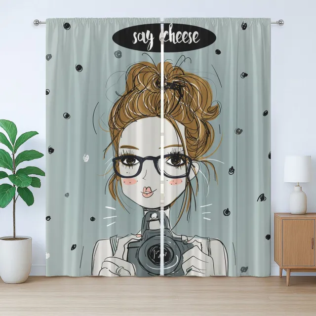 ABAKUHAUS Hipster Rustiek Gordijn, Cartoonmeisje dat 'Cheese' zegt, voor de Slaapkamer met Lussen en Haken, 280 x 175 cm, Cadetblauw Licht Karamel