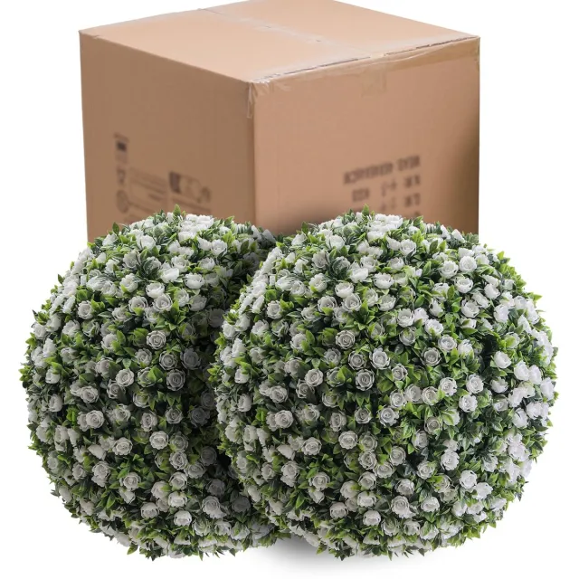 Triumpunpre Set van 2 Kunstmatige Rozenbal – Hangende Topiary Bloem Bal 45 cm – Witte Rozen met Groene Bladeren – PE – Onderhoudsvrij – Binnen & Buiten