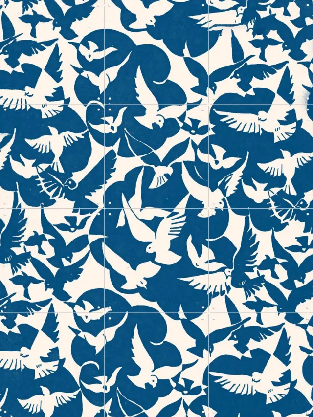 IXXI Nuee d oiseaux, Aster Edition - 60 x 80 cm - Grote wanddecoratie en posters - Minimalisme, Houtsnede, Kleurrijk, Grafisch Ontwerp, Vintage Monochroom / Blauw / Wit / Zwart