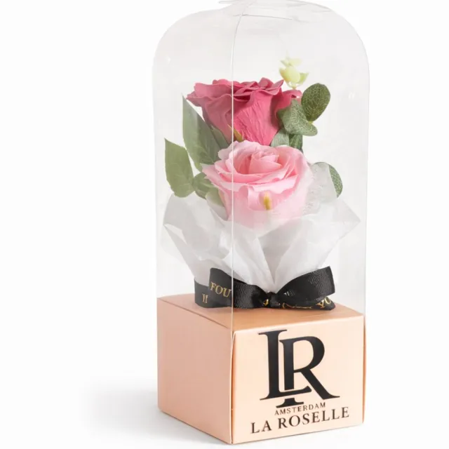 La Roselle Amsterdam Kunst Roos Cadeau met Giftbox – 2 kunstbloemen roze rozen in cadeauverpakking Roze licht & donker