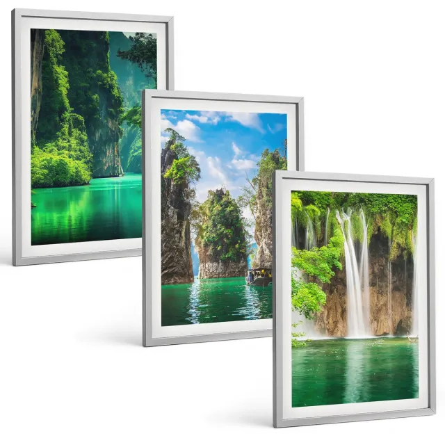 TULUP 4-Delige Schilderij Set - Groene landschappen met watervallen en rotsen - 40 x 60 cm - Decoratieve Schilderijen - Woonkamer - Interieur - Woonkamer Decoratie Zilveren lijst