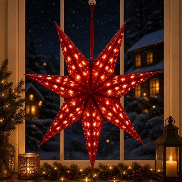 Benza Hangende Kerstster – Rood – Ø 60 cm – Fluweelzachte Afwerking – Warm Wit LED – Timerfunctie – Werkt op Batterijen – Voor Binnen