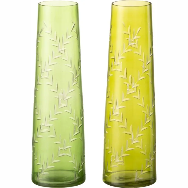 J-Line vaas Bladeren - glas - groen - large - 2 stuks - 24 cm hoog