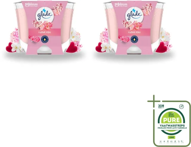 Glade 2 x Glade - Geurkaars I Love You - 100% Raapzaadwas - 204 g - Grootverpakking - Vaatwasstrips - Geurkaars - Romantische Geur - Bloemen Geur - Perzik Geur - Meloen Geur roze
