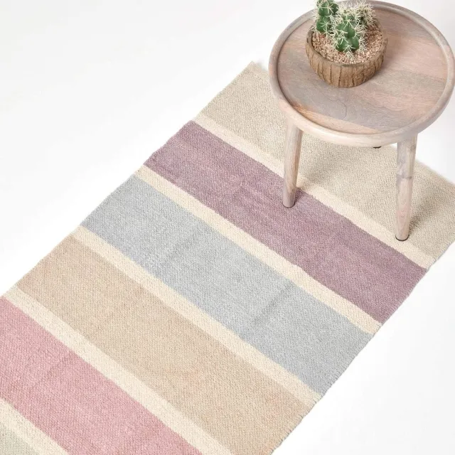 Homescapes 100% katoen pastel gestreept chenille vloerkleed, 66 x 200 cm Blauw, Beige, Paars, Grijs, Natuurlijk