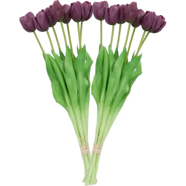 DK design Kunst tulpen boeket - 14x stuks - donker paars - real touch - 43 cm - levensechte kunstbloemen