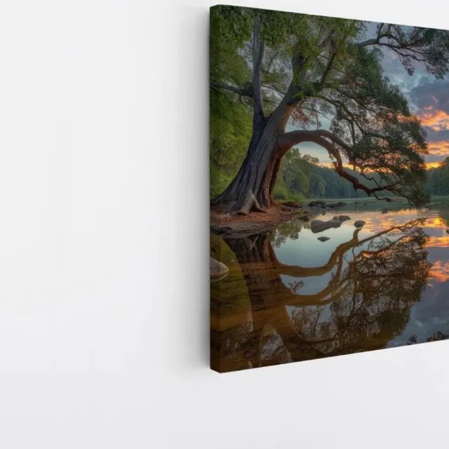 Saammp Canvas Schilderij - Scheve Boom met zonsondergang - Bloemen - Landschap - Natuur - 40x40 - Foto op canvas - Wanddecoratie - Muurdecoratie Woonkamer - Slaapkamer decoratie - Canvas Print Multicolor