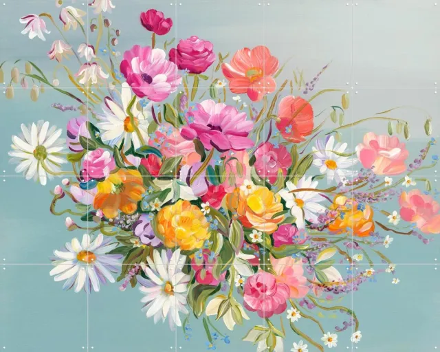 IXXI Blooms On Blue, Libby Chambers - 100 x 80 cm - Grote wanddecoratie en posters - Abstract, Modern, Speels, Kleurrijk, Fantasierijk, Woonkamer Roze / Oranje / Geel