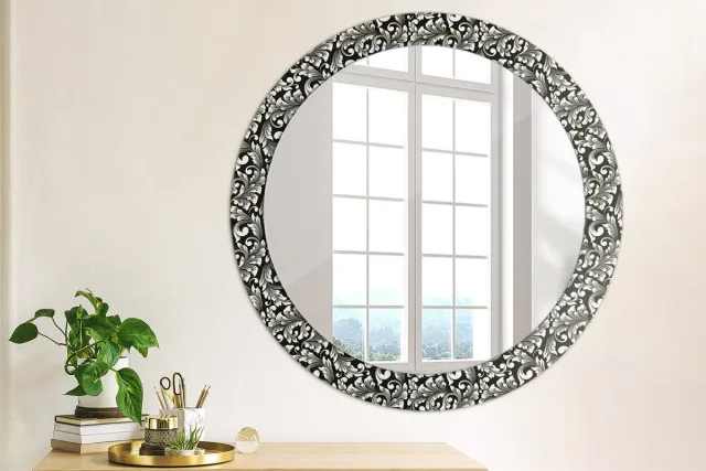 Coloray Bedrukte Spiegel - Ornament Spiegel Met Decoratie - 80 cm - Zwart en wit Bedrukte Spiegel - Spiegel Met Decoratie - Spiegel Lijst Met Print - Spiegel Met Print Zwart en wit Ornament