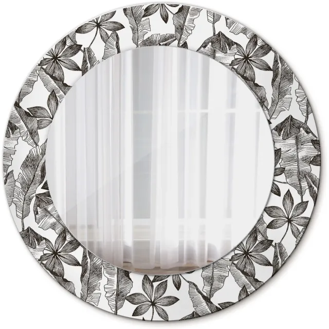 TULUP Spiegel - Ronde vorm Spiegel - Veiligheidsglas - Tropische bladeren - Diameter: 50 cm - Zwart-Witte - Slaapkamerspiegel - Badkamerspiegel - Gang - Kleedkamer - Design Spiegel - Stijlvolle Spiegel - Wanddecoratie Spiegel - Spiegelmontageset Zwart-wit Tropische bladeren