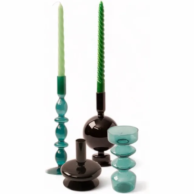 Winq Kleurige Glaskandelaren in een (zee) groen zwart Combinatie - Kaarsenhouder glas - Set bestaande uit 4 stuks – Decoratie woonkamer - Dinerkaarsen en/of Stompkaarsen