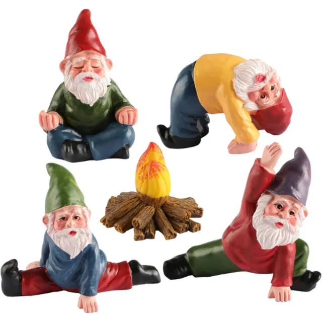 BOG Miniatuur Tuinkabouters Ornament Buiten – Hars Elf Standbeeld – Grappige Kabouter Fee Tuinaccessoires Voor Terras – Tuin – Gazon Of Huis Tuin Decoraties – Set Van 5 – Yoga-Serie VEELKLEURIG