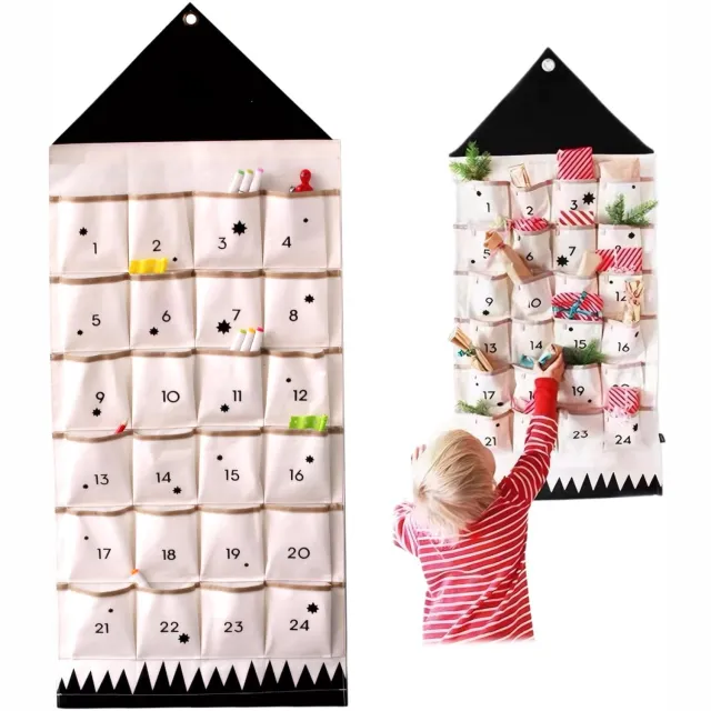 Famanu Herbruikbare stoffen adventskalender, 24 vakken, 51x122 cm, met zakken voor vullen, geschikt voor kerst