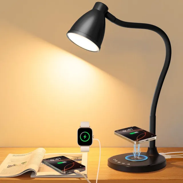 KZQ LED Desk Lamp with USB Charging Port 3 Color Modes Dimmable- Black zwart