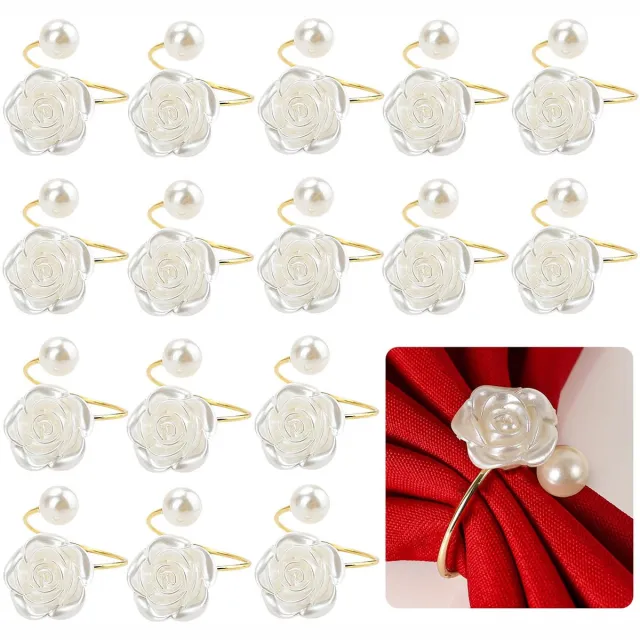 Ibenzoa Elegant Gouden Servetringen Set van 16 met Roos en Parel Design voor Tafeldecoratie wit