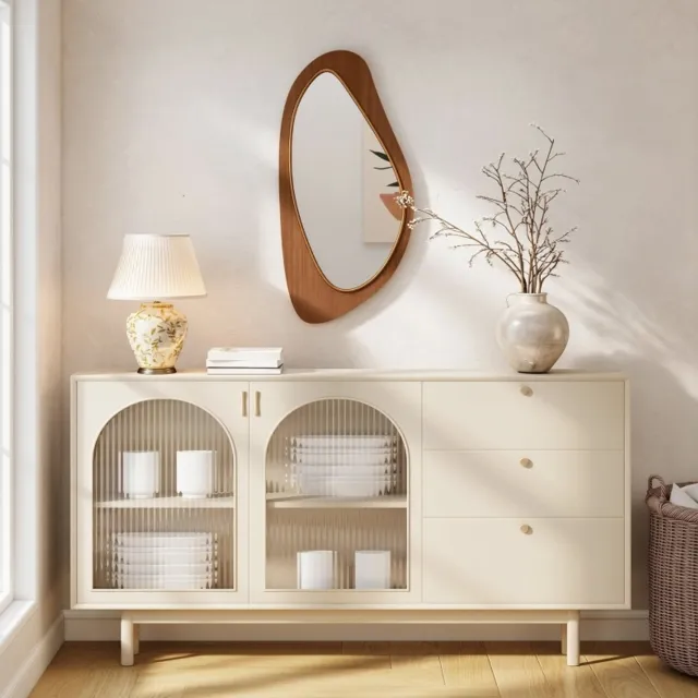 HAUSS SPOLE Wandspiegel Golvend – 91,5 x 45 x 3 cm – Glas, Grenenfineer en MDF – Natuurlijke Houtkleur – voor Hal, Woonkamer en Slaapkamer Naturel hout