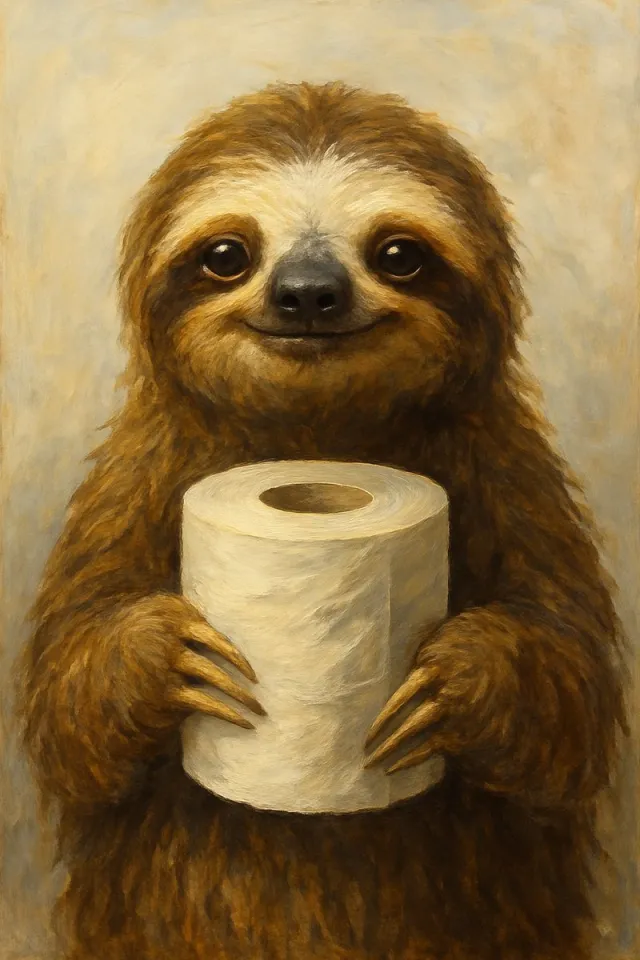 BestPosters Luiaard met WC-Rol Poster Ingelijst– A3 (30 x 42cm) Formaat – Zwarte Lijst Inbegrepen – Grappige Dierenprint voor Toilet of Badkamer