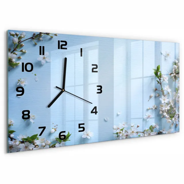 TULUP Wandklok - Achtergrond met kersenbloesem Decoratieve Glazen Klok - 60x30 cm - Blauw Glazen Wandklok Design - Zwarte handen - Rechthoekige Klok - Glazen Klok Met Print - Wandklok Glas Met Motief
