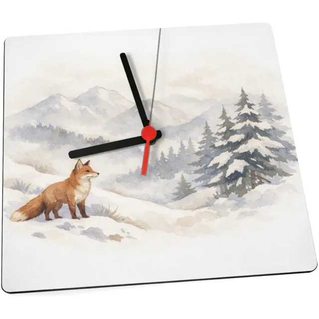 Mr Cadeautjes Klok 19 x 19 - design Een bergwinter-scène met een vos die op een besneeuwde helli | cadeau Wit