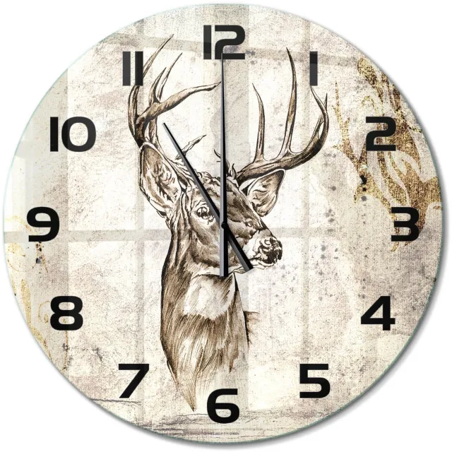 TULUP Wandklok - Hert Gekleurde Glazen Klok - fi60 cm - Beige Glazen Klok Met Print - Zwarte handen - Ronde Klok - Moderne Wandklok Glas - Wandklok Glas Decoratie