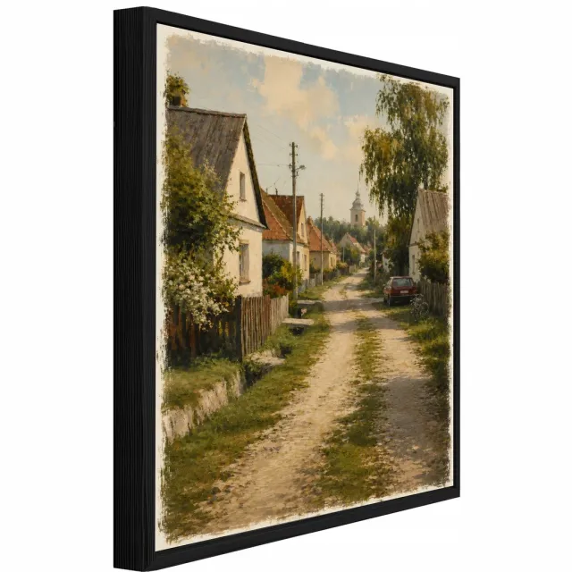 WALLARENA Schilderij op canvas met zwarte lijst - 100x70 cm - landelijk dorpslandschap in vintage stijl - voor slaapkamer en woonkamer Beige