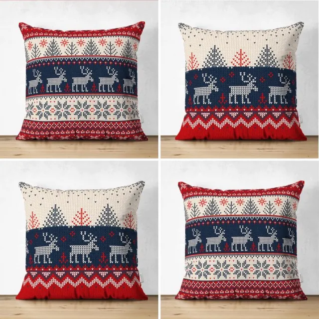 De Groen Home Velvet Kussenhoes set van 4 stuks - 45x45 cm - Rendieren - Kerst decoratie - Kussensloop Rood