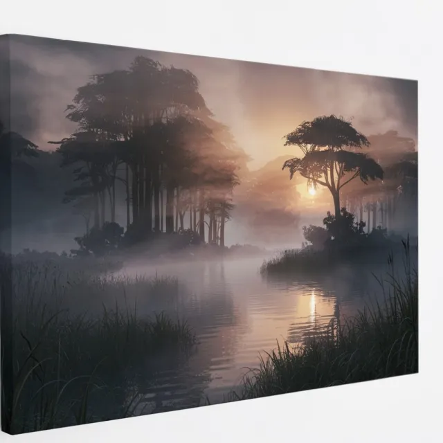 Saammp Canvas Schilderij - Water - mistig Landschap - Natuur - 90x60 - Foto op canvas - Wanddecoratie - Muurdecoratie Woonkamer - Slaapkamer decoratie - Canvas Print Multicolor