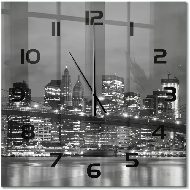 TULUP Wandklok - Manhattan, New York Moderne Wandklok Glas - 60x60 cm - Zwart-wit Wandklok Glas Decoratie - Zwarte handen - Vierkante Klok - Glazen Wandklok Design - Klok Glas Met Opdruk