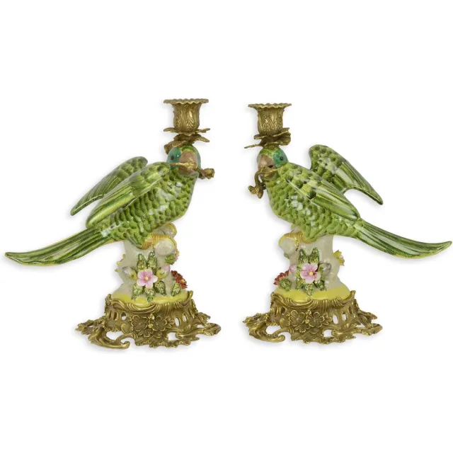 VntiQue Papegaai Kandelaars - Porselein Kaarsenhouder - Messing Standaard - Papegaai Beeld - Kandelaar Beeldje - Tafeldecoratie - 26x18x28 groen wit goud brons