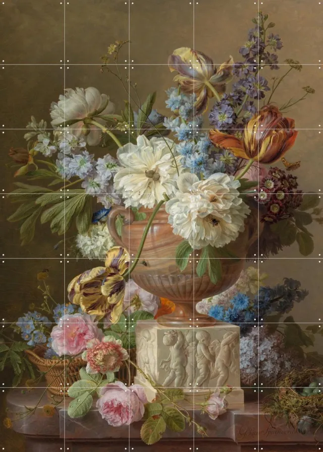 IXXI Bloemstilleven met albasten vaas, Gerard van Spaendonck & Rijksmuseum - 100 x 140 cm - Grote wanddecoratie en posters - Realisme, Klassiek Roze / Koele tinten