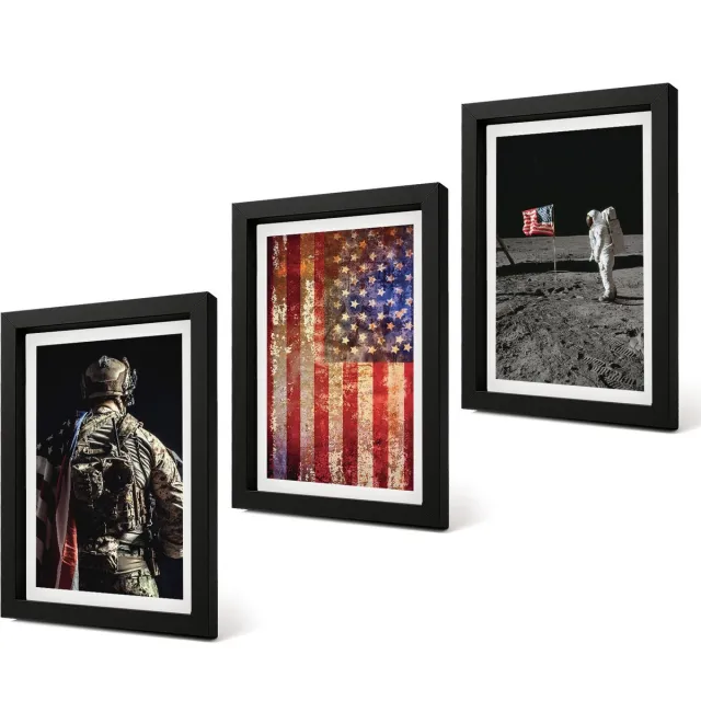 Coloray 4-Delige Schilderij Set - Amerikaanse nationale symbolen, vlag van de VS - 20 x 30 cm - Wanddecoratie - Moderne Interieurdecoratie - Interieur Decoratie Zwarte lijst