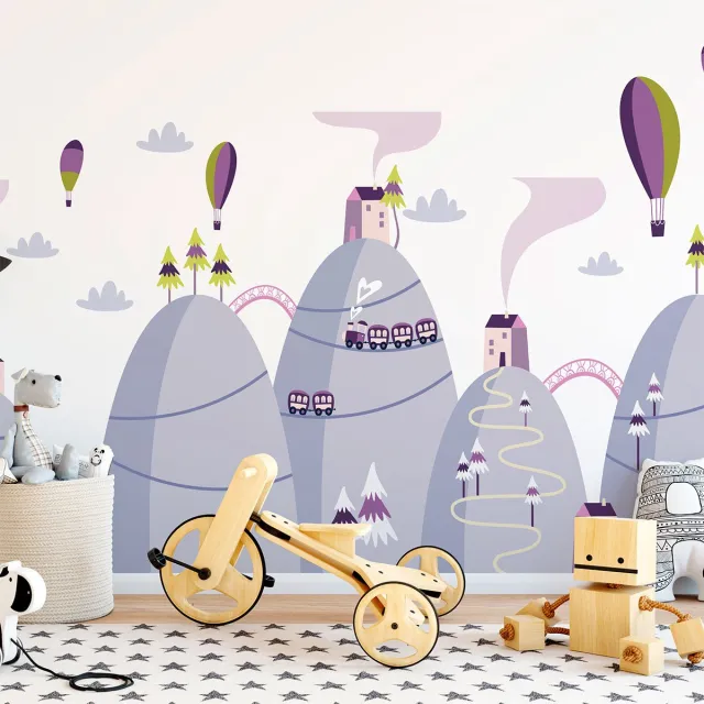 Ambiance Sticker Scandinavische bergstickers met heteluchtballonnen in de lucht, 50 x 75 cm Multi color
