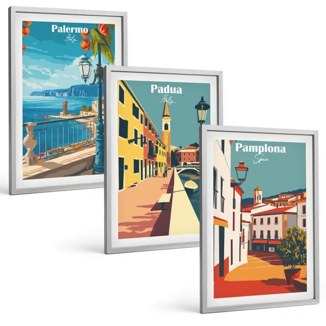 TULUP 4-Delige Schilderij Set - Populaire steden in retro illustratieve stijl - 40 x 60 cm - Schilderijen Set - Wanddecoratie - Woonkamer - Decoratieve Schilderijen Zilveren lijst