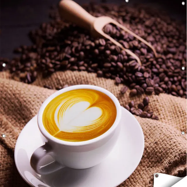 Gards Tuinposter Kopje Koffie in een Hartje met Koffiebonen - 110x110 cm - Tuindoek - Tuindecoratie - Wanddecoratie buiten - Tuinschilderij Multikleur