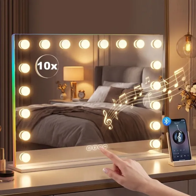 MIVRAY Hollywood Make-upspiegel – 80 x 60 cm – 18 Dimbare Ledlampen – Glas – Wit – Bluetoothluidspreker En RGB-Verlichting
